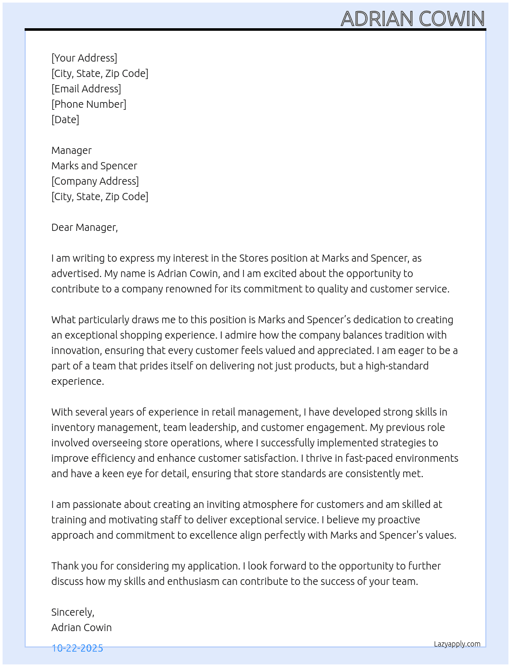 Cover letter for stores - LazyApply