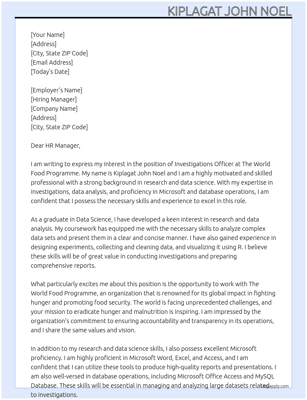  Investigations Officer At The World Food Programme Cover Letter