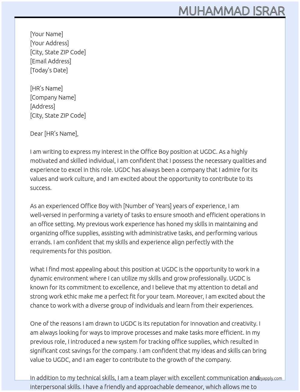 office boy At UGDC Cover Letter
