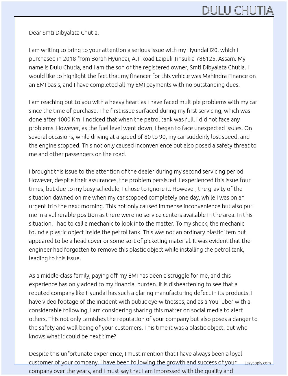 manufacturing defect At Dulu Chutia Cover Letter