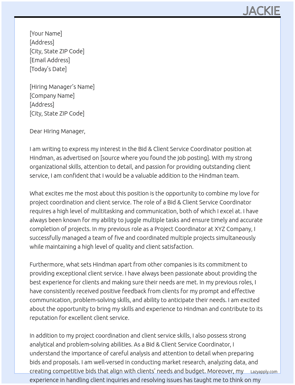 Bid & Client Service Coordinator At Hindman  Cover Letter