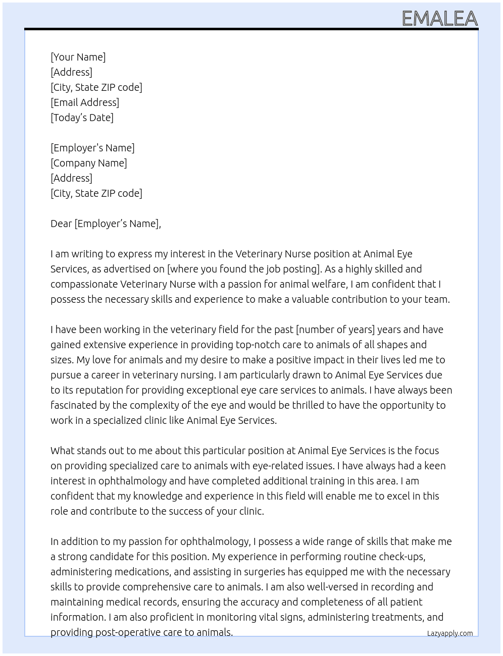 Veterinary Nurse  At Animal Eye Services Cover Letter