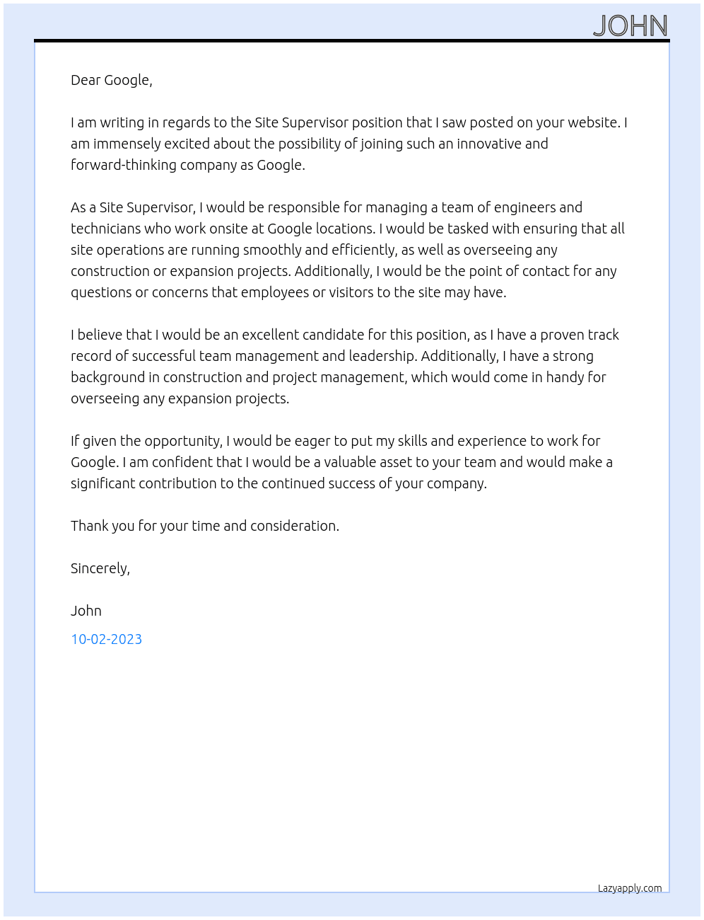 site supervisor At googl Cover Letter
