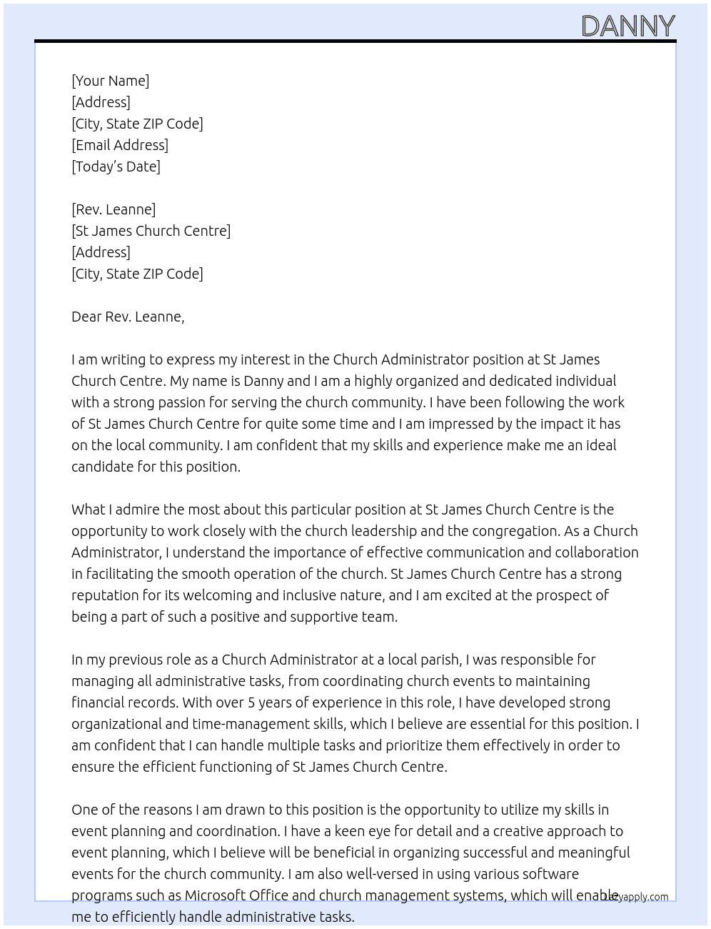 Church Administrator At St James Church Centre Cover Letter