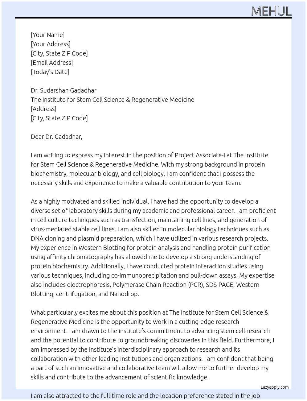 Project Associate-I At The Institute for Stem Cell Science & Regenerative Medicine Cover Letter