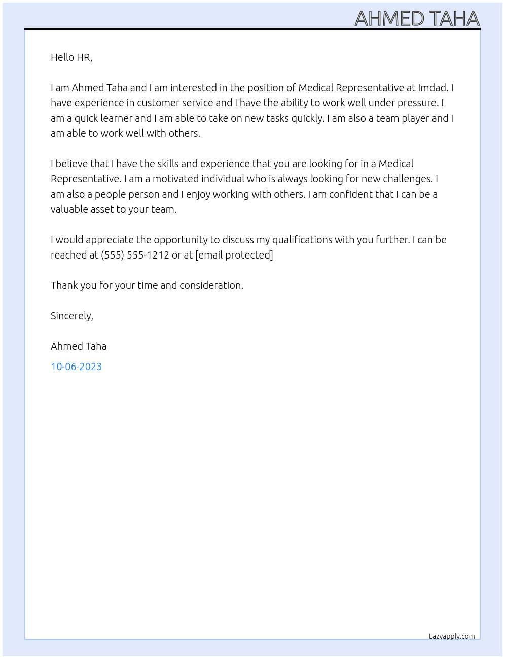 Medical representative At Imdad Cover Letter
