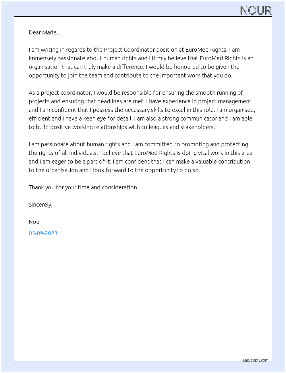 project coordinator  At EuroMed Rights Cover Letter