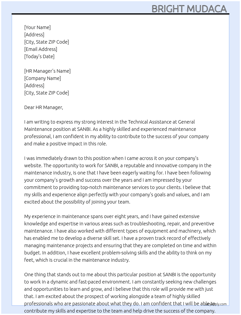 Technical assistance at general maintenance  At SANBI Cover Letter
