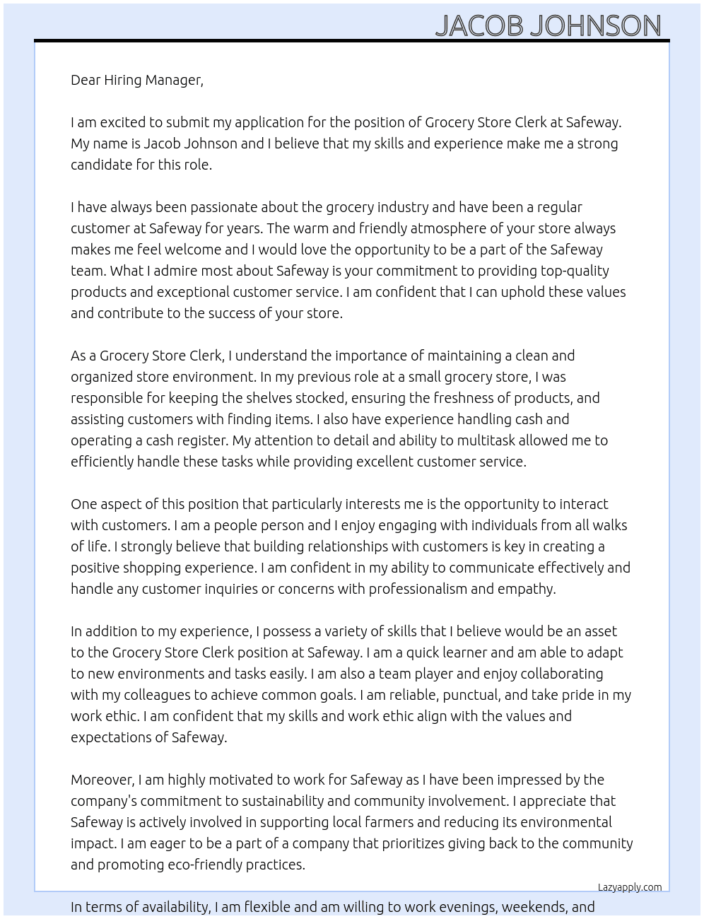 Grocery Store Clerk At Safeway  Cover Letter