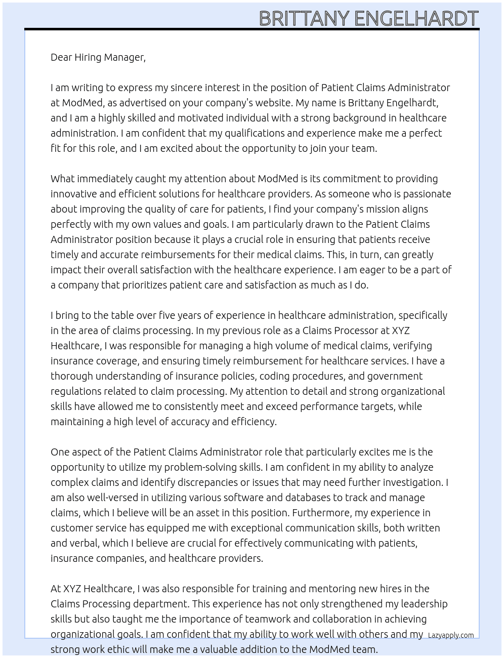 patient claims administrator At ModMed Cover Letter