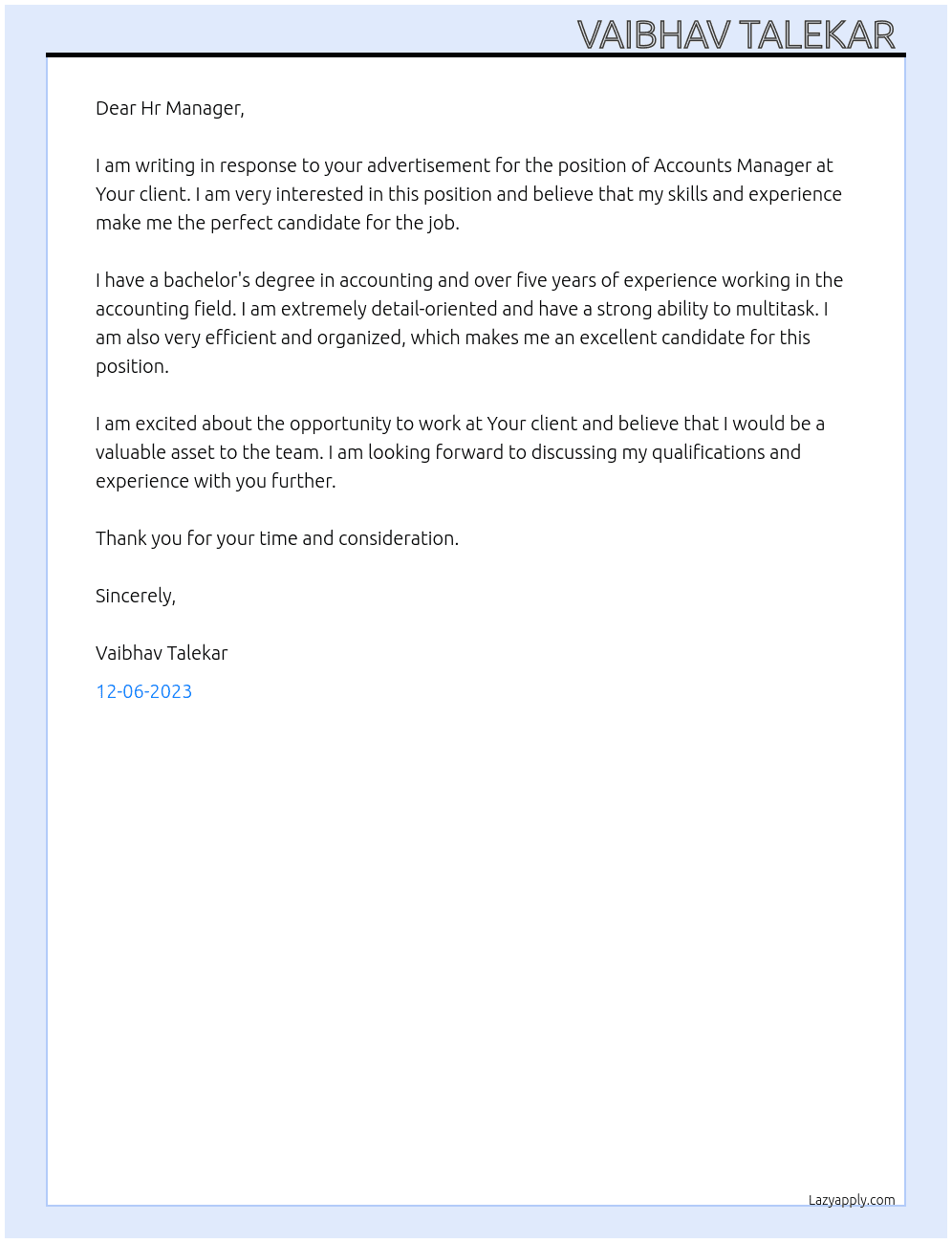 Accounts  Manager At Your client Cover Letter