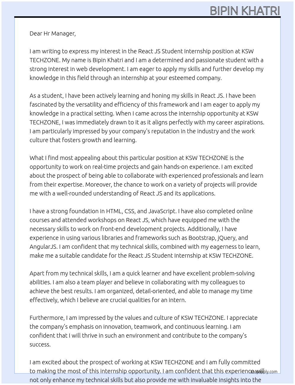 React JS Student Internship  At KSW TECHZONE Cover Letter