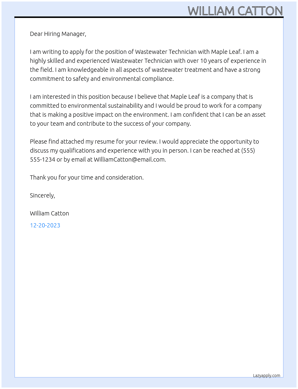 Wastewater Technician At Maple Leaf  Cover Letter