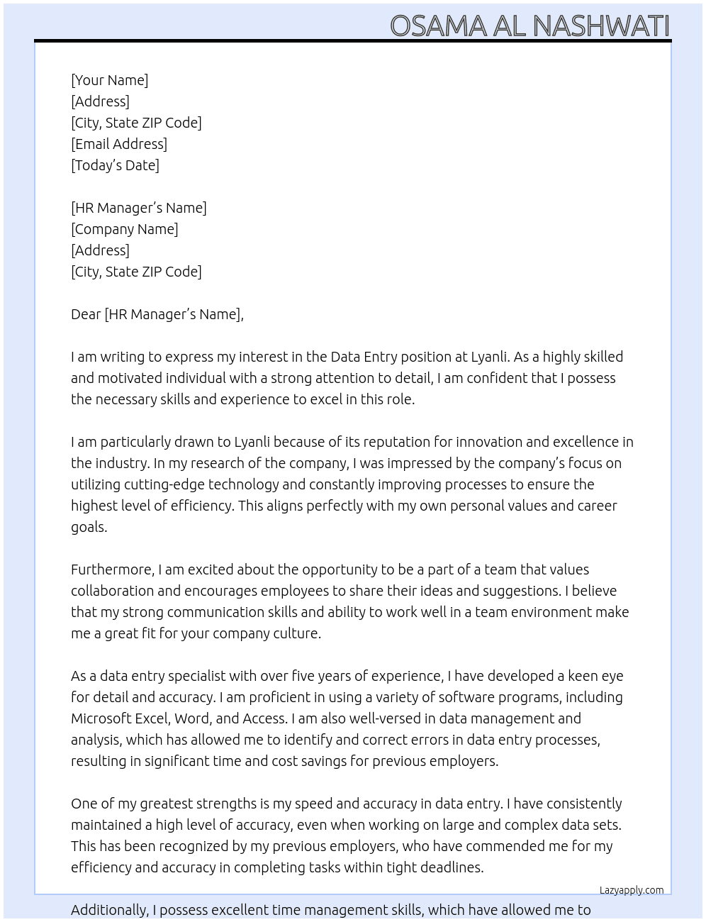 Data Entry At Lyanli  Cover Letter