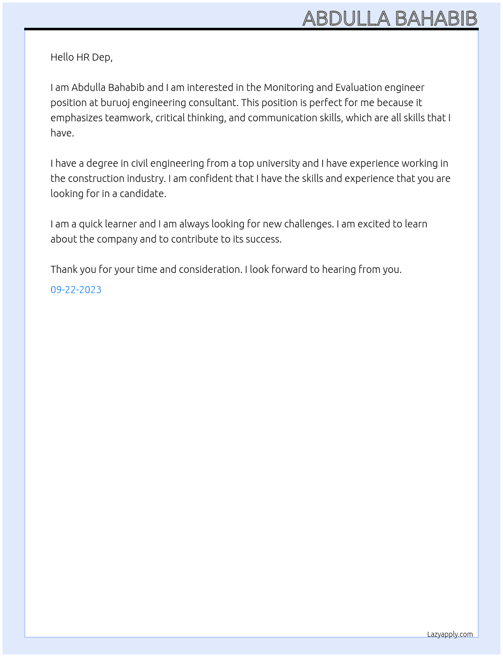 Monitoring and Evaluation engineer At buruoj engineering consultant Cover Letter