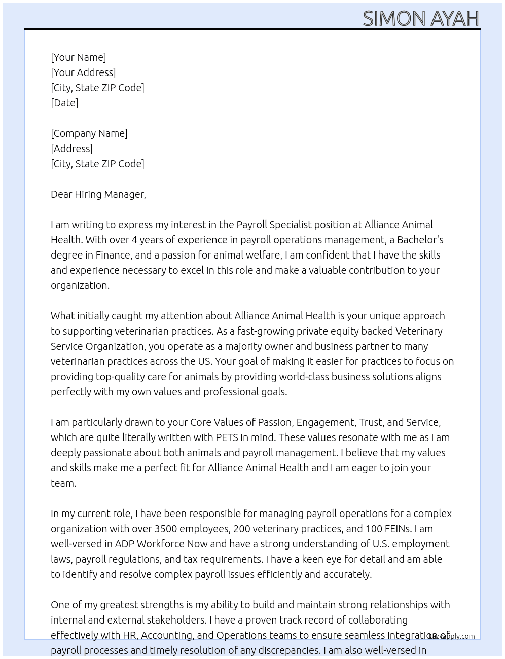 Payroll Specialist At Alliance Animal Health Cover Letter