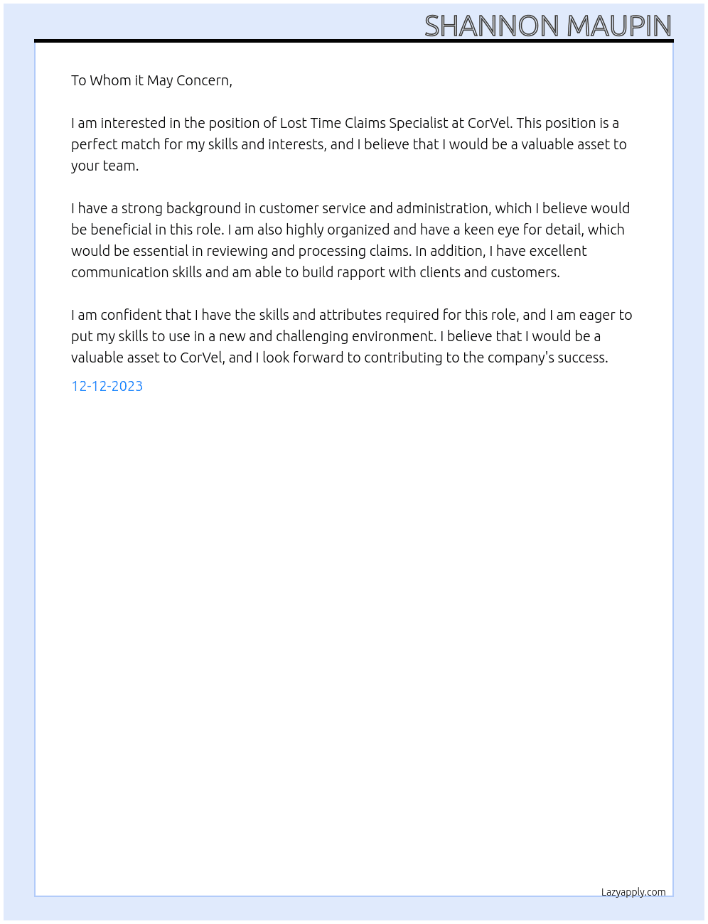Lost Time Claims Specialist At CorVel Cover Letter