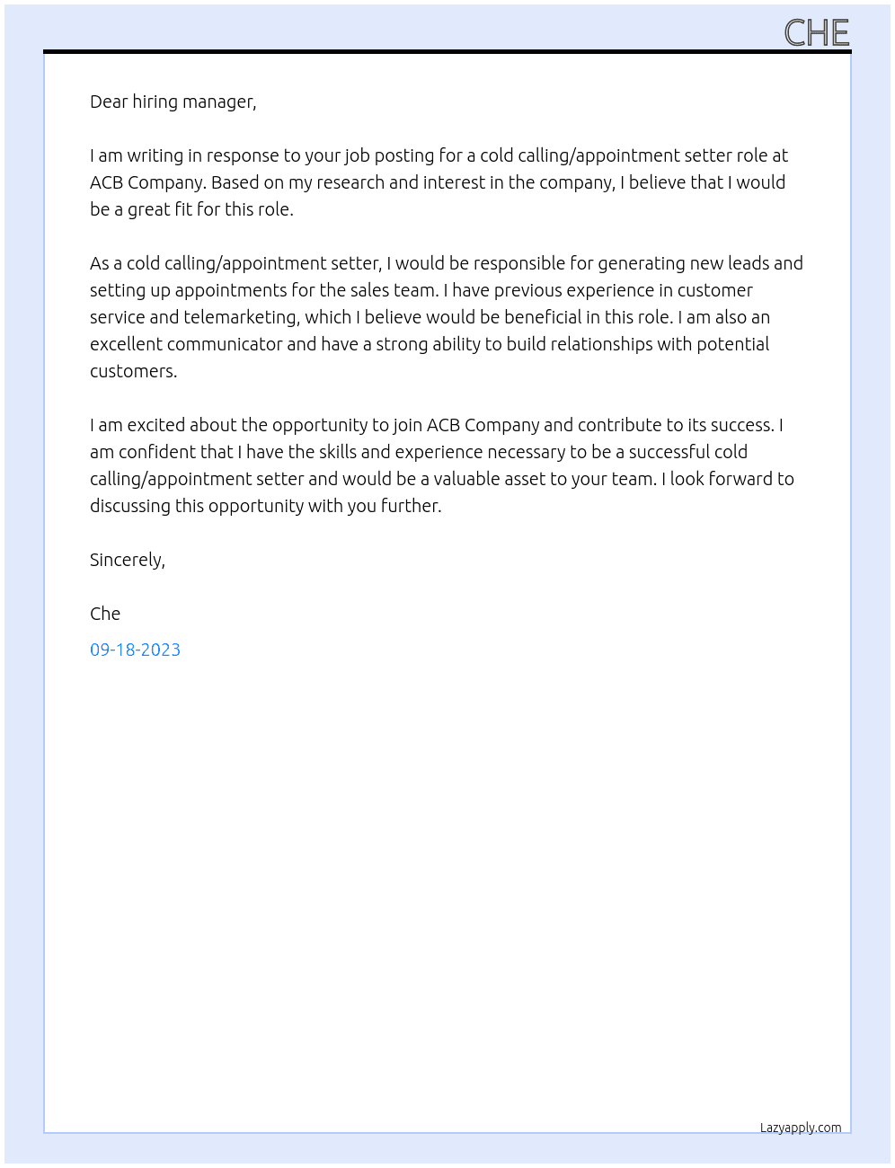 cold calling / appointment setter At acb company Cover Letter