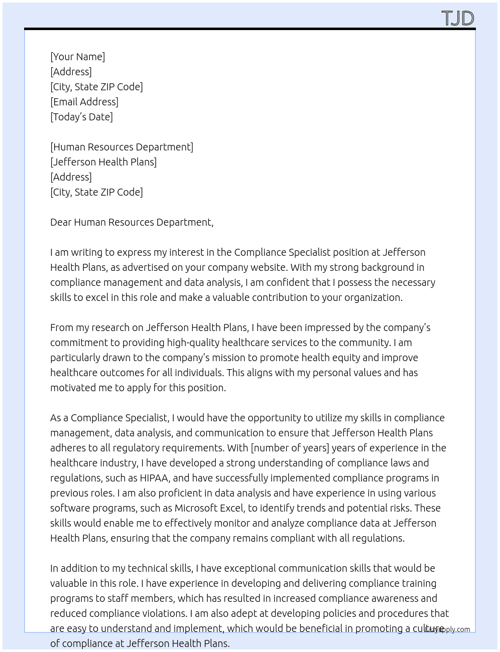 Compliance Specialist At Jefferson Health Plans Cover Letter