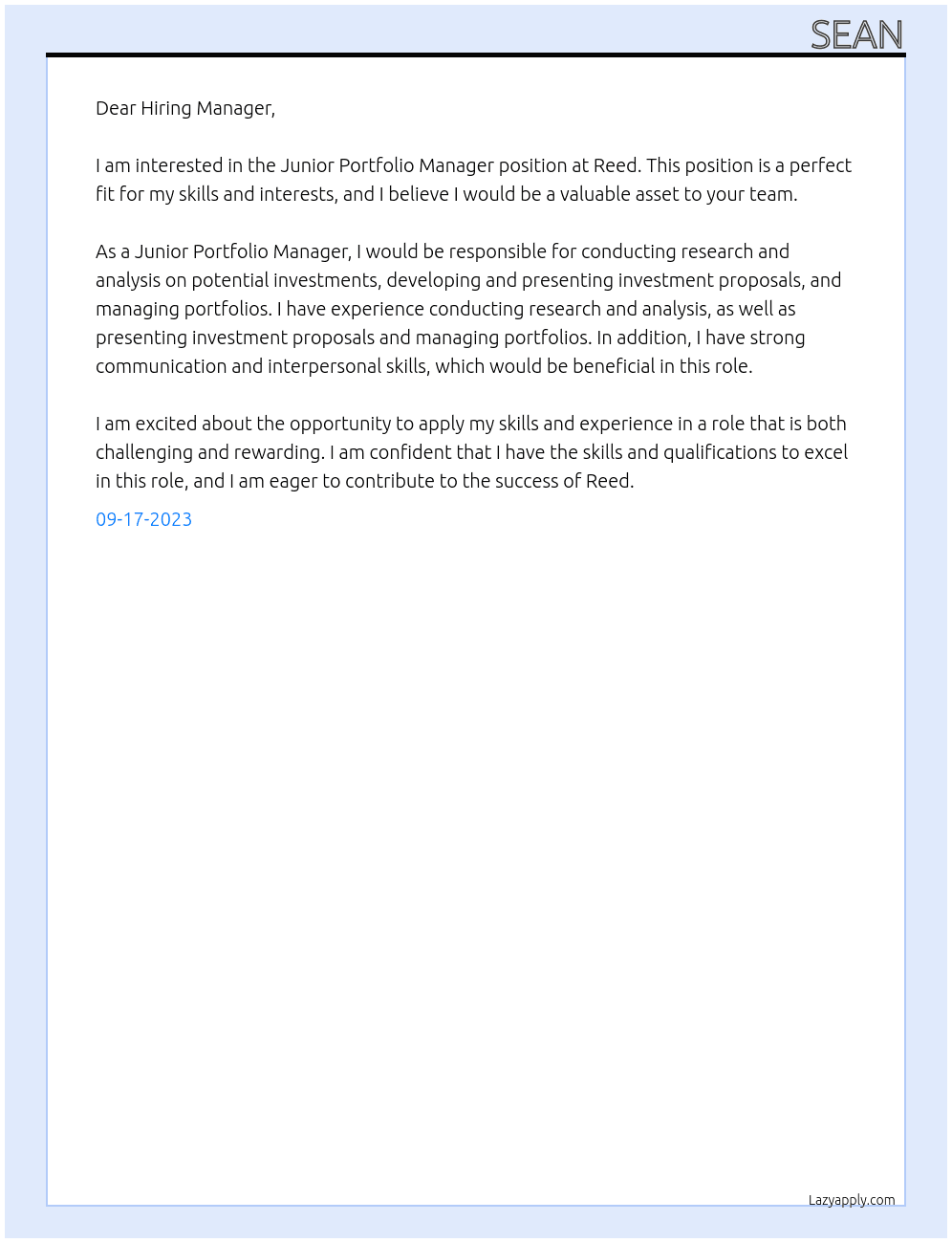 Junior Portfolio Manager At Reed Cover Letter