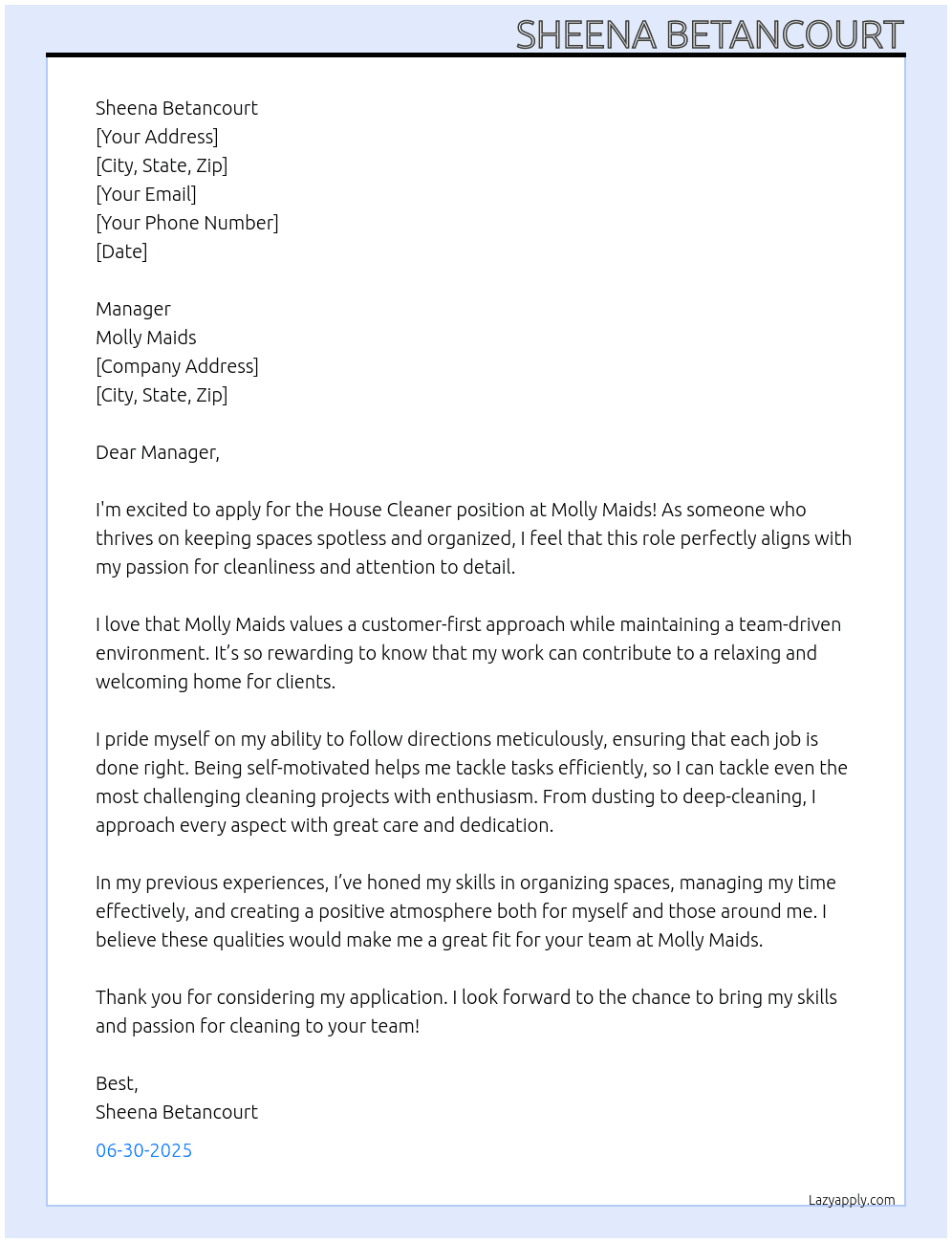 House Cleaner At Molly Maids Cover Letter