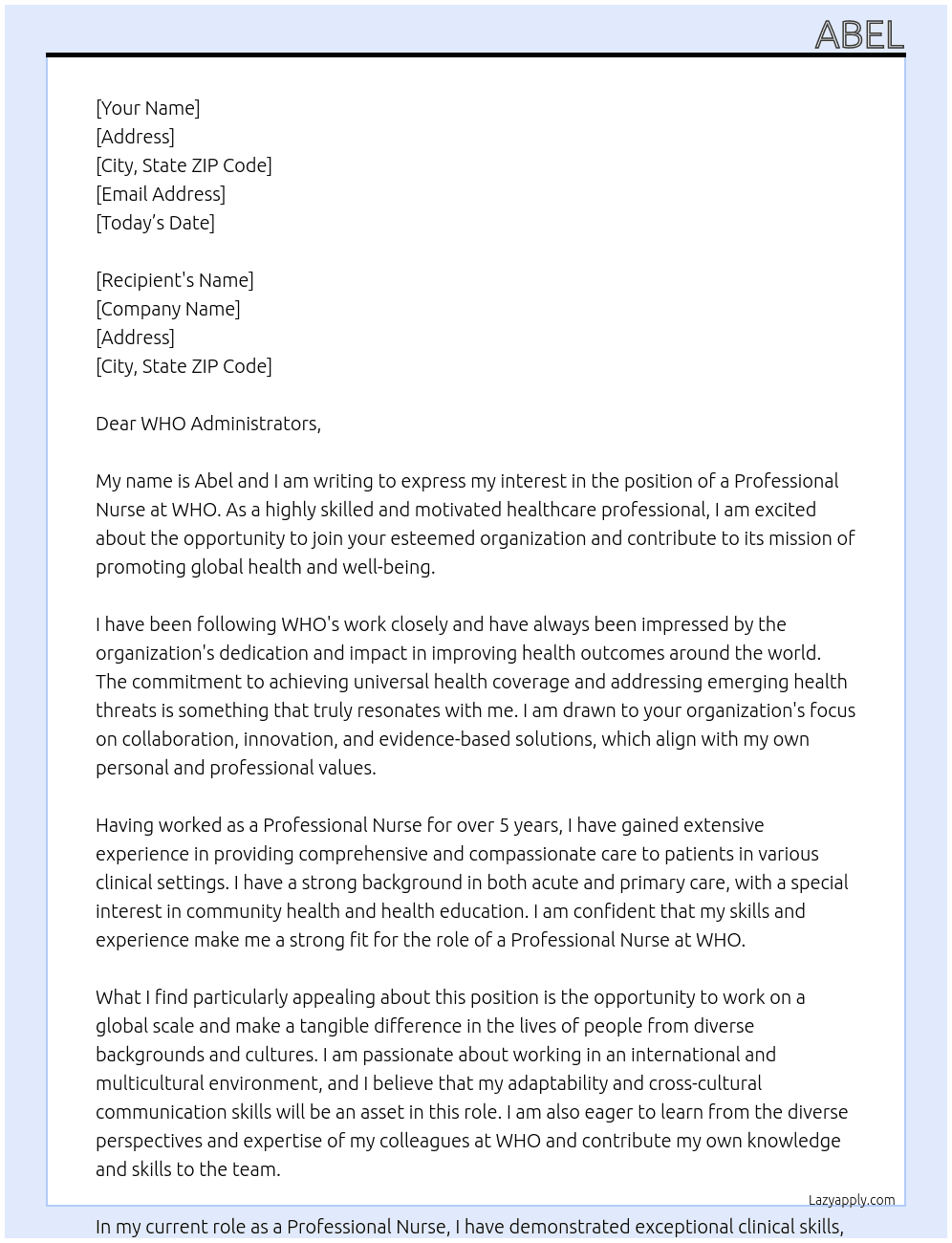 professional Nurse At WHO Cover Letter