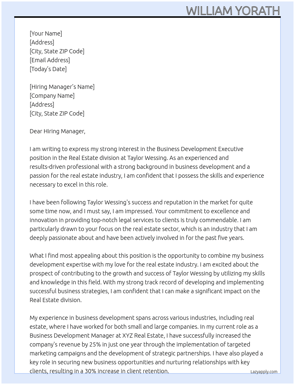 Business Development Executive - Real Estate At Taylor Wessing Cover Letter