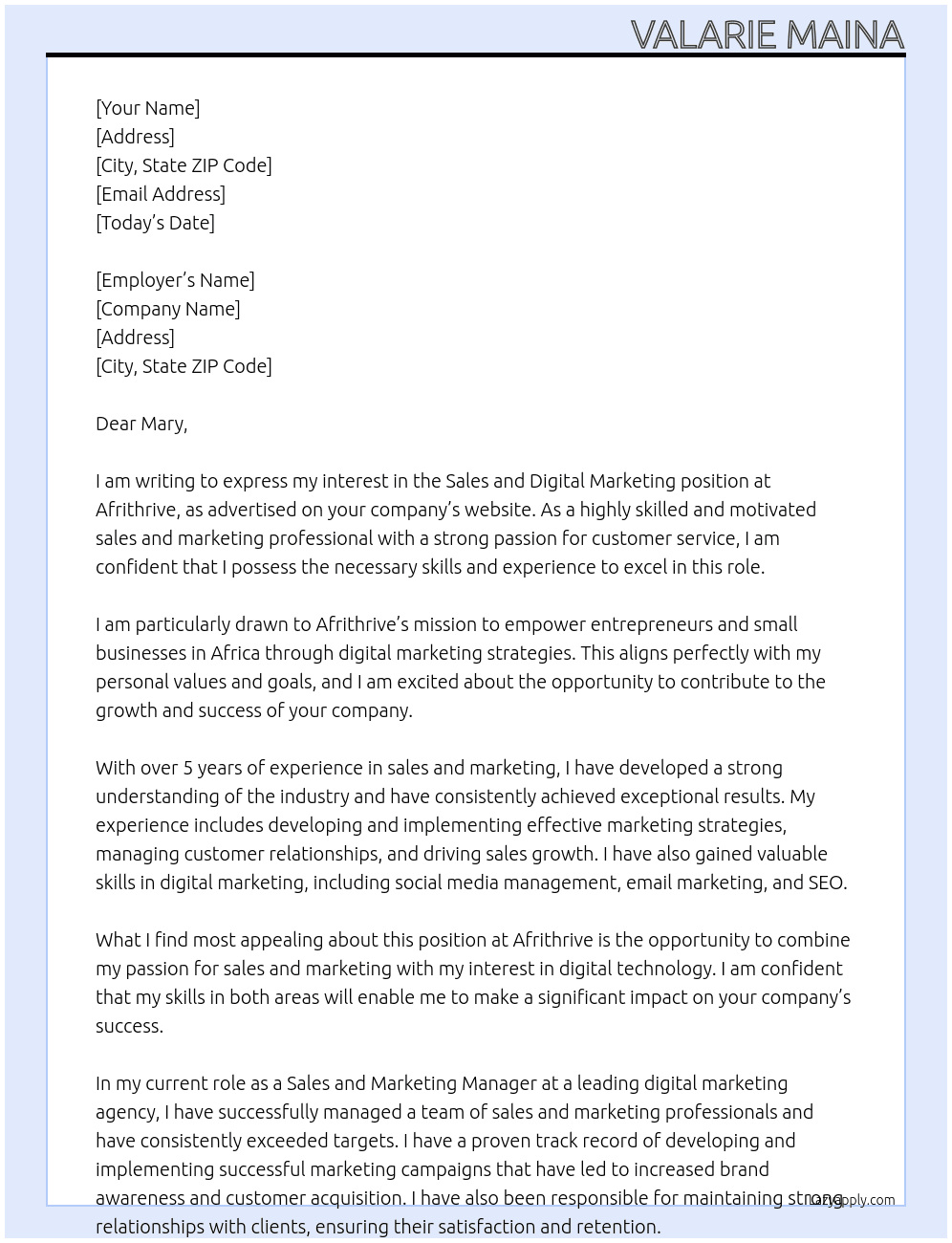 Sales and Digital Marketing  At Afrithrive Cover Letter