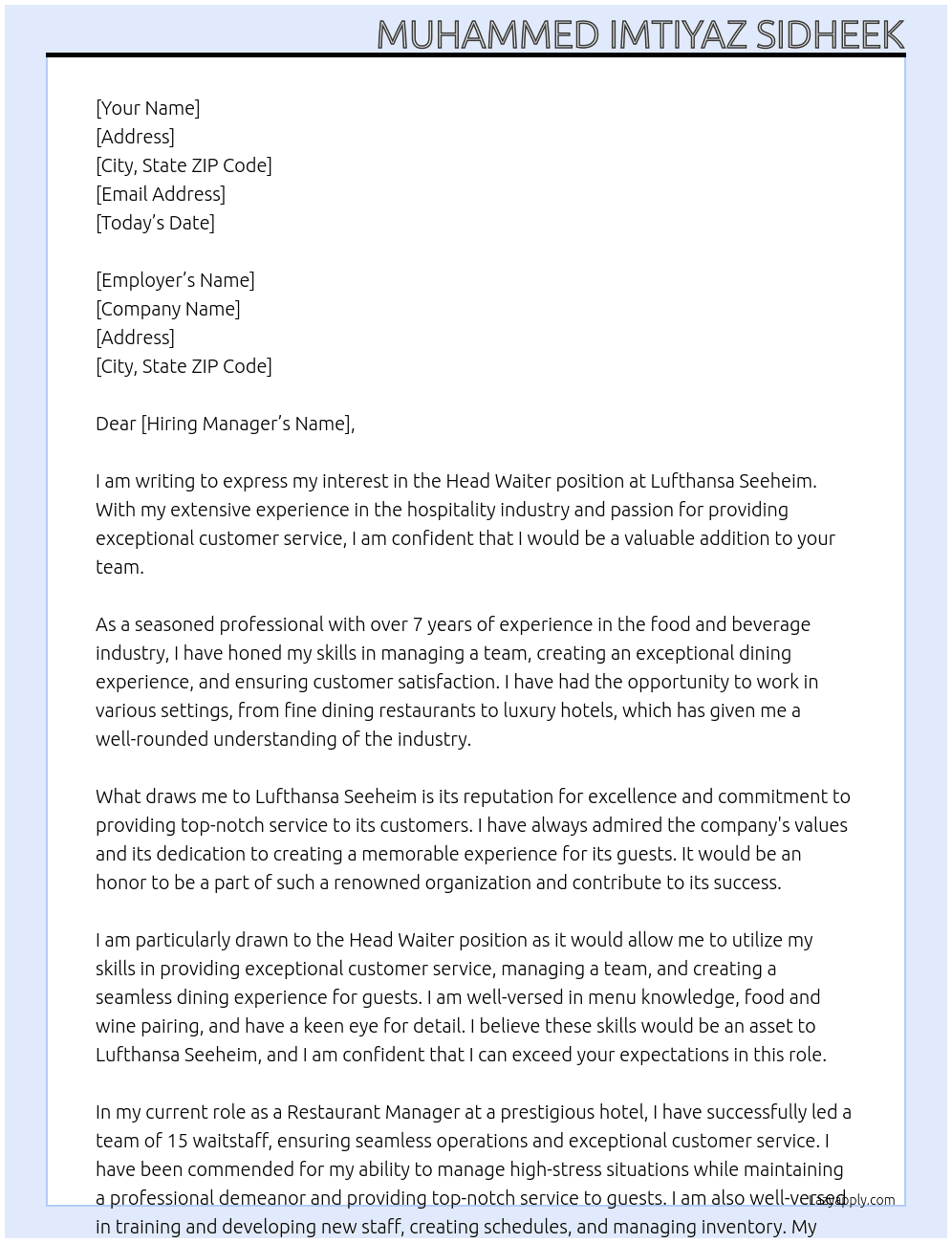Head Waiter At Lufthansa Seeheim Cover Letter