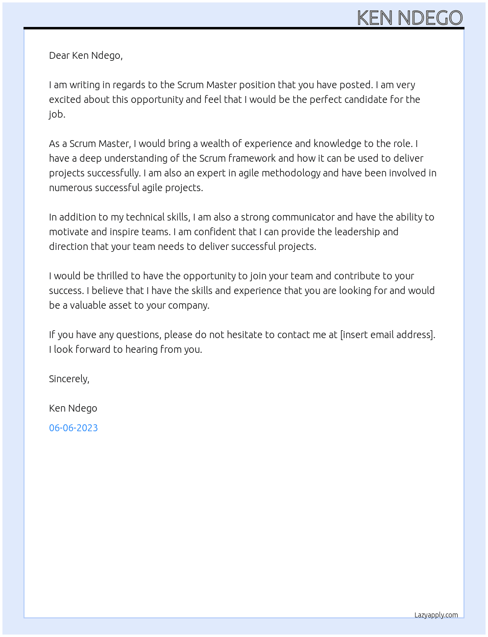 Scrum master At Ken Ndego Cover Letter