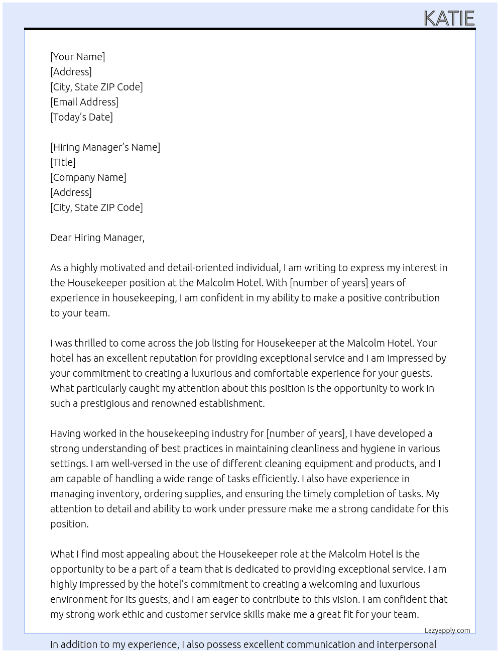 Housekeeper At Malcolm Hotel Cover Letter