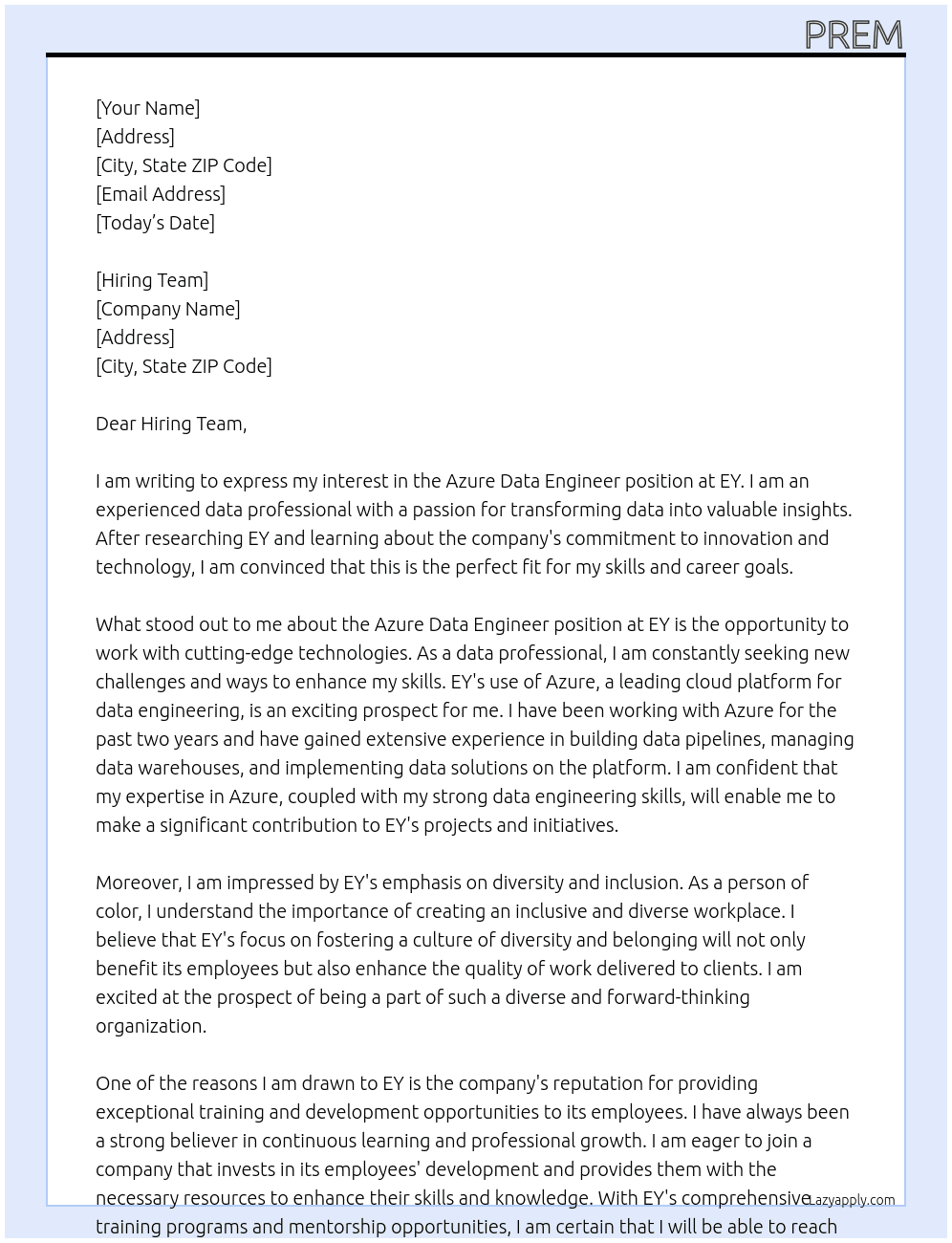 Azure Data Engineer At EY Cover Letter