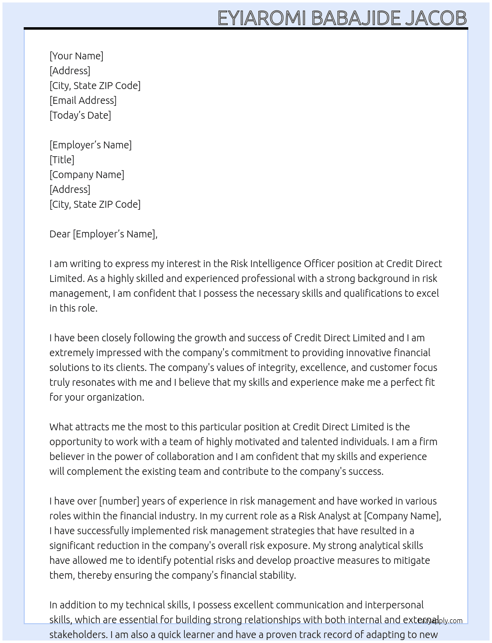 Risk Intelligence Officer At Credit Direct Limited Cover Letter