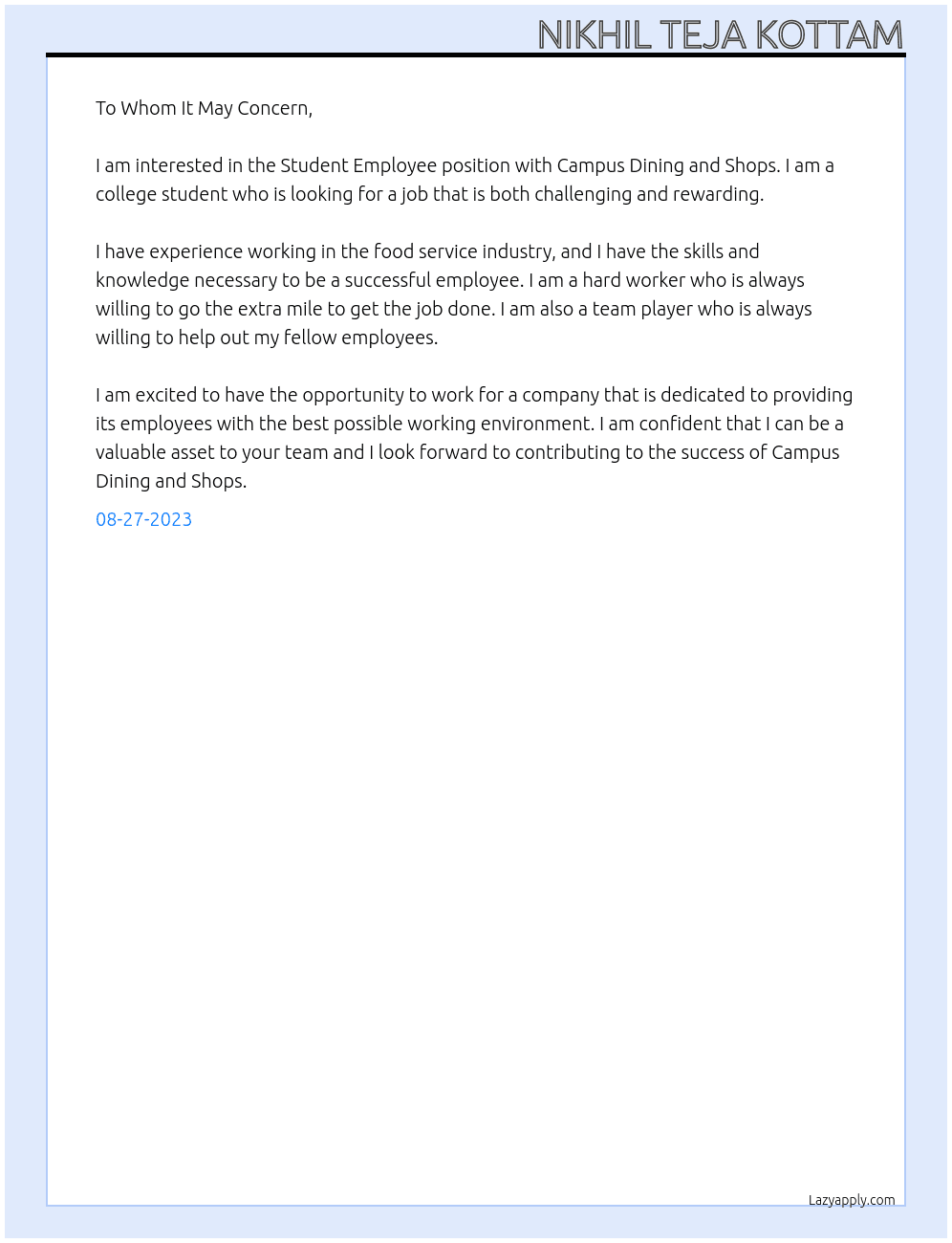 Sttudent Employee At Campus Dining and Shops Cover Letter