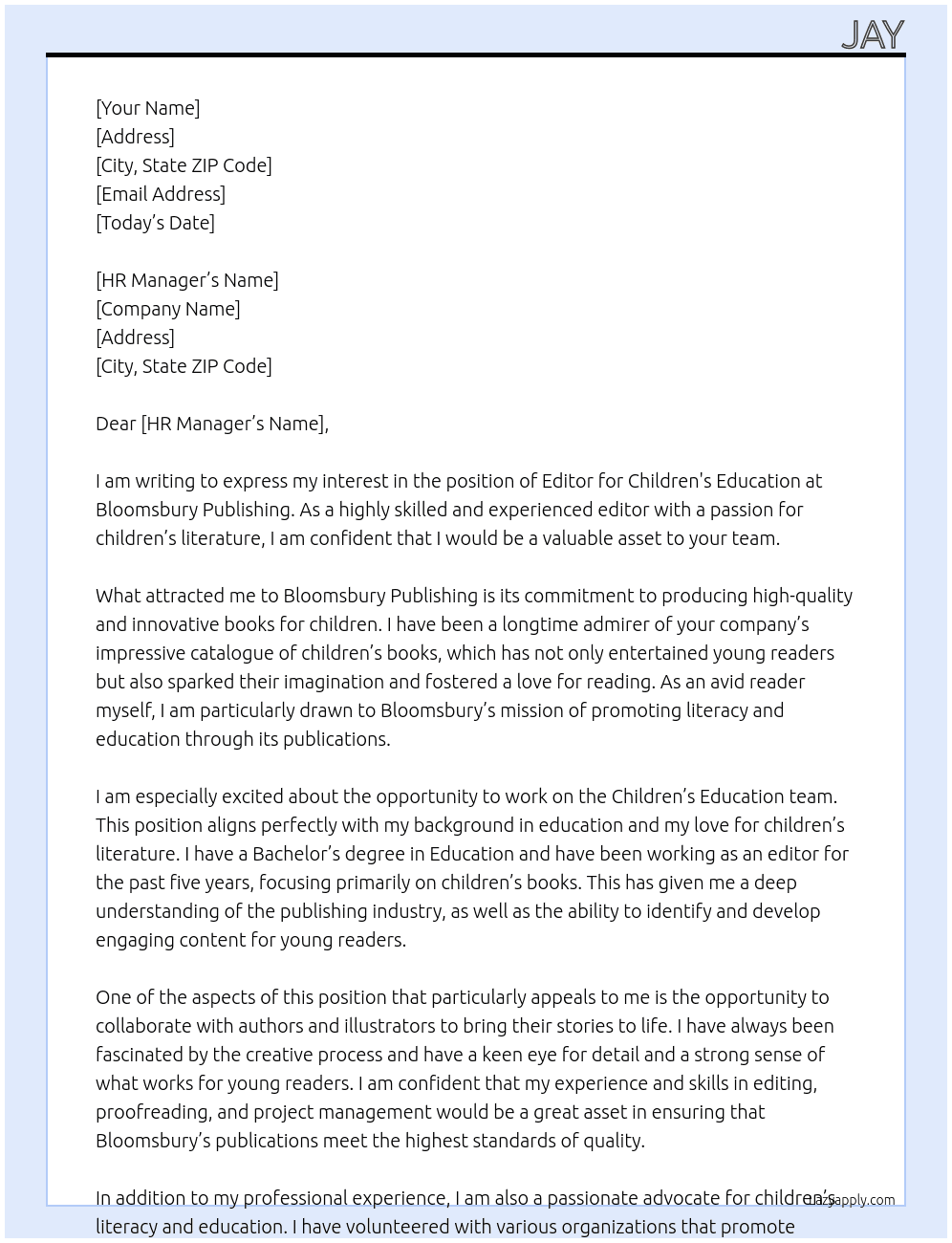 Editor, Children's Education At Bloomsbury Publishing Cover Letter