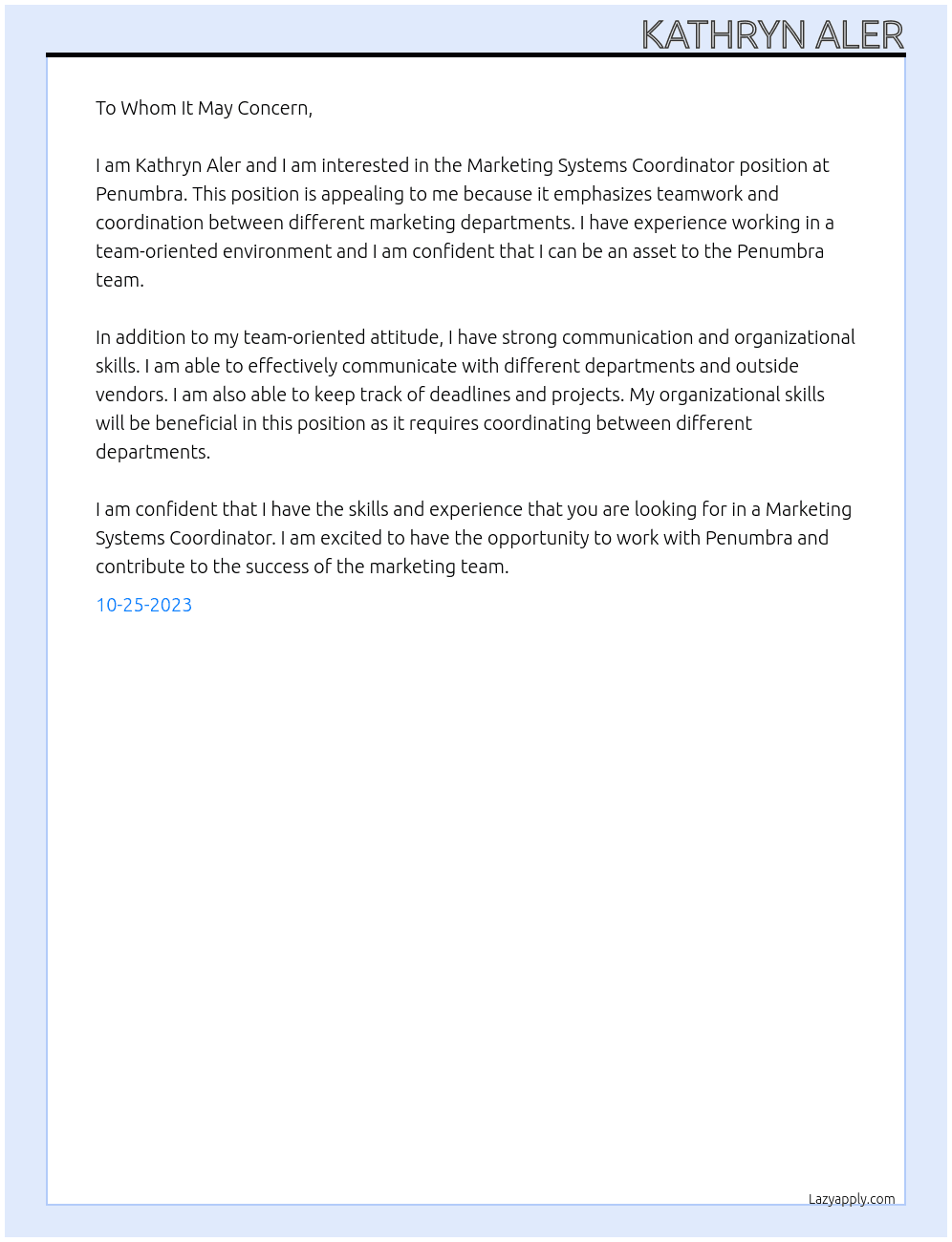 Marketing Systems Coordinator At Penumbra Cover Letter