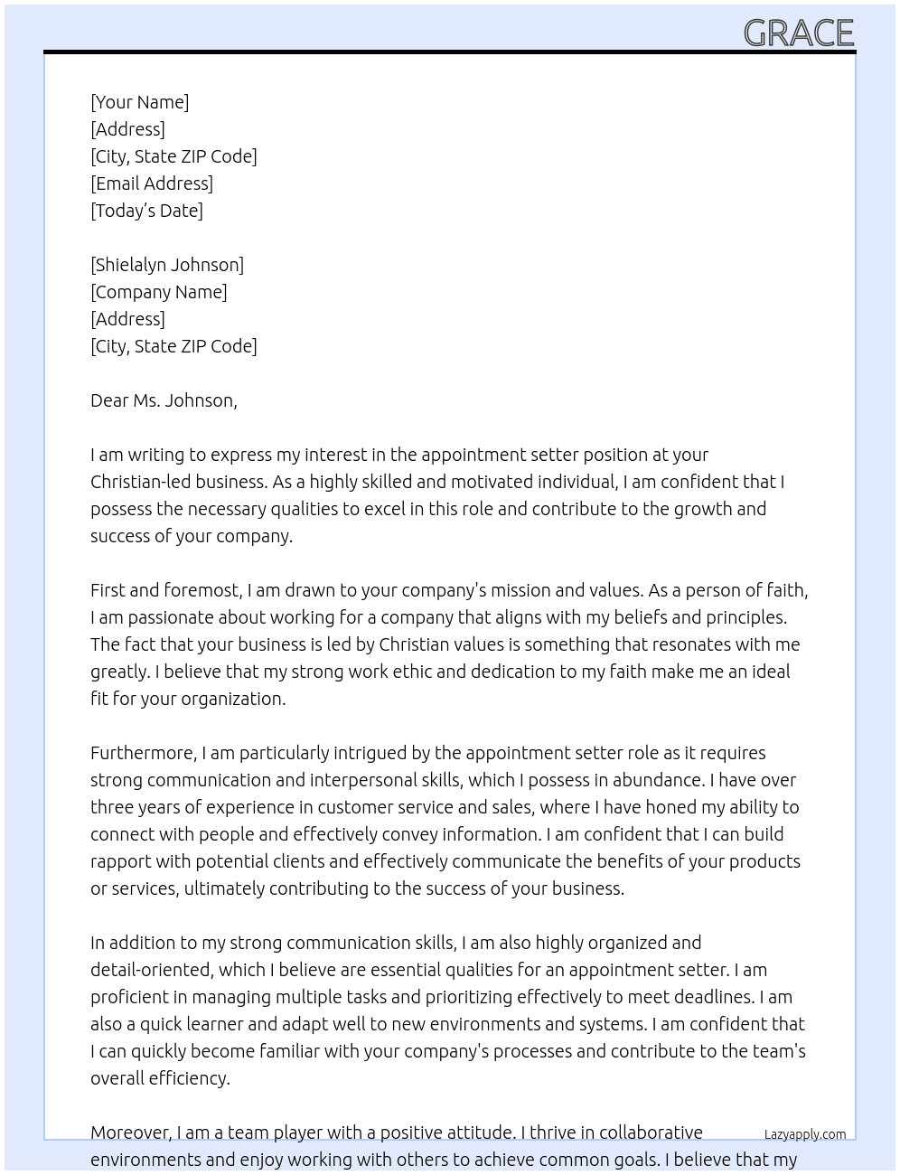 appointment setter At Christian-led business Cover Letter
