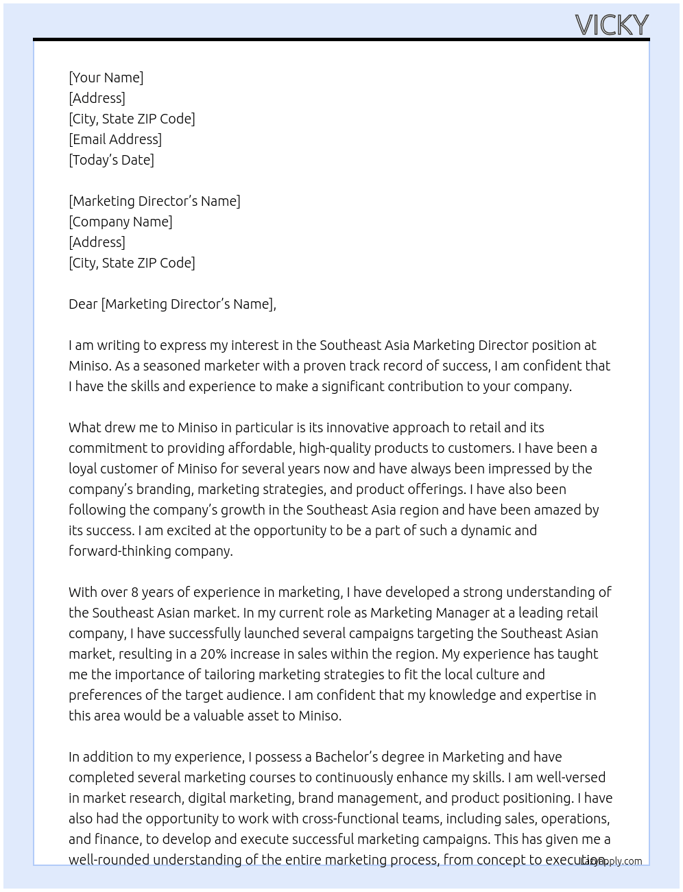 southeast asia marketing At miniso Cover Letter