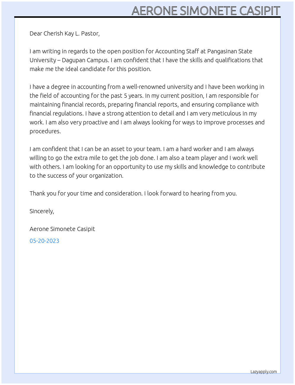 Accounting Staff At Pangasinan State University – Dagupan Campus  Cover Letter