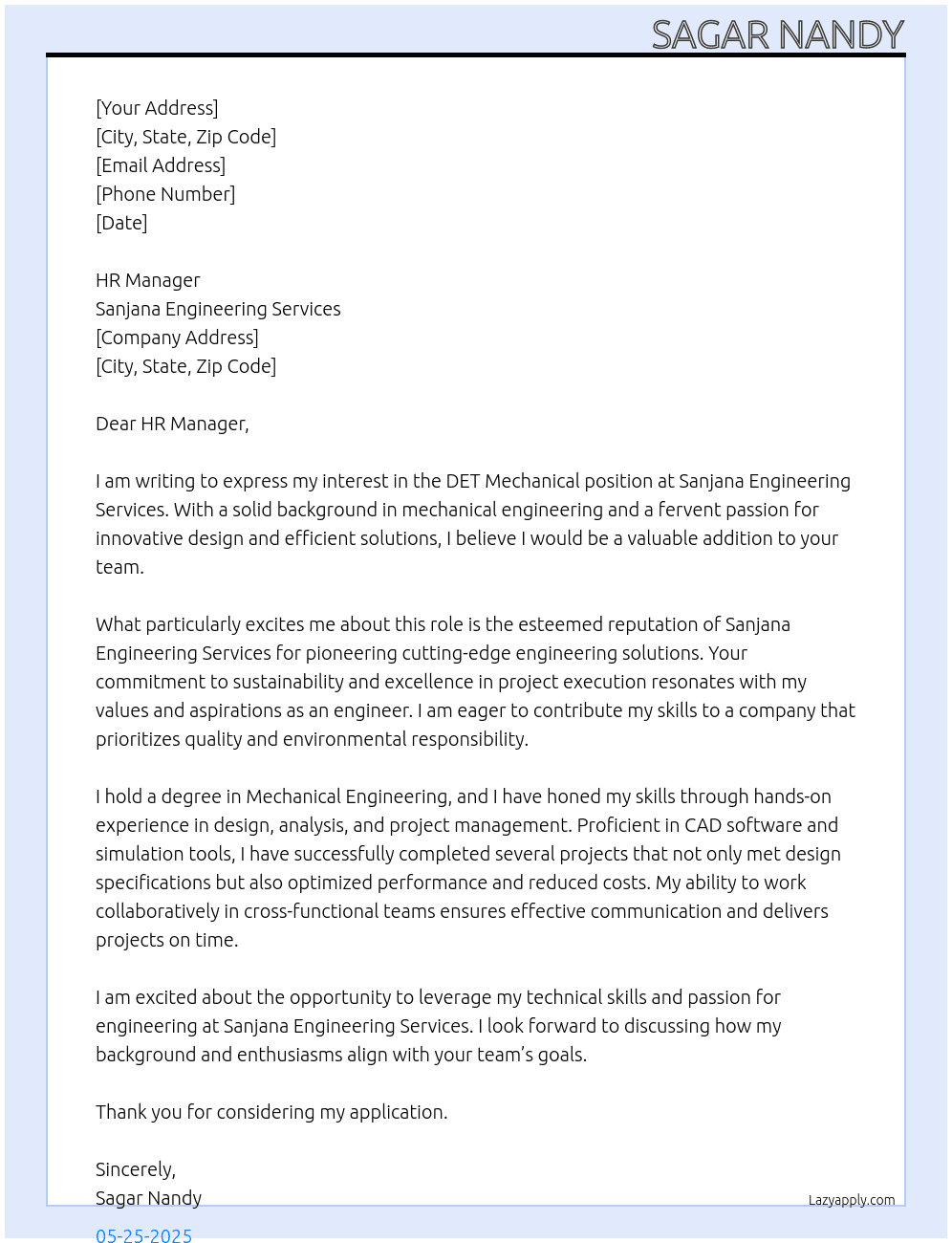DET MECHANICAL  At Sanjana Engineering Services Cover Letter
