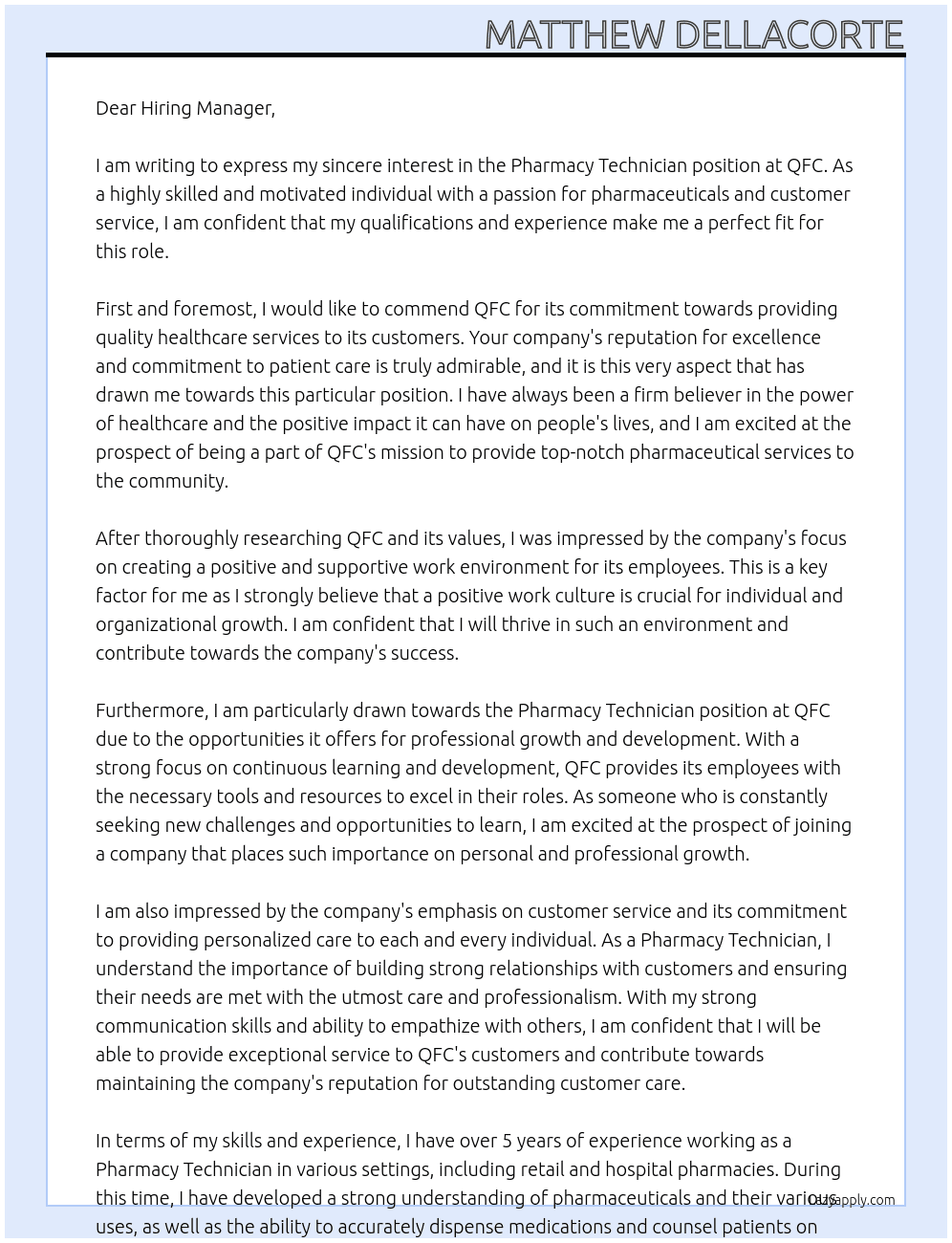 PHARMACY/TECHNICIAN At QFC Cover Letter