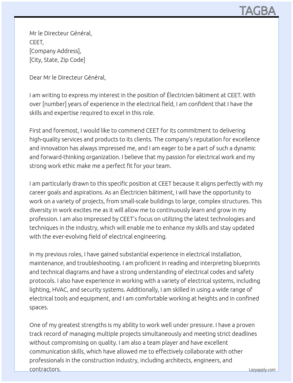 Électricien bâtiment  At CEET Cover Letter