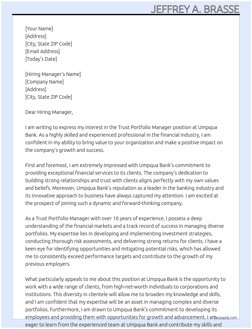 Trust Portfolio Manager At Umpqua Bank Cover Letter