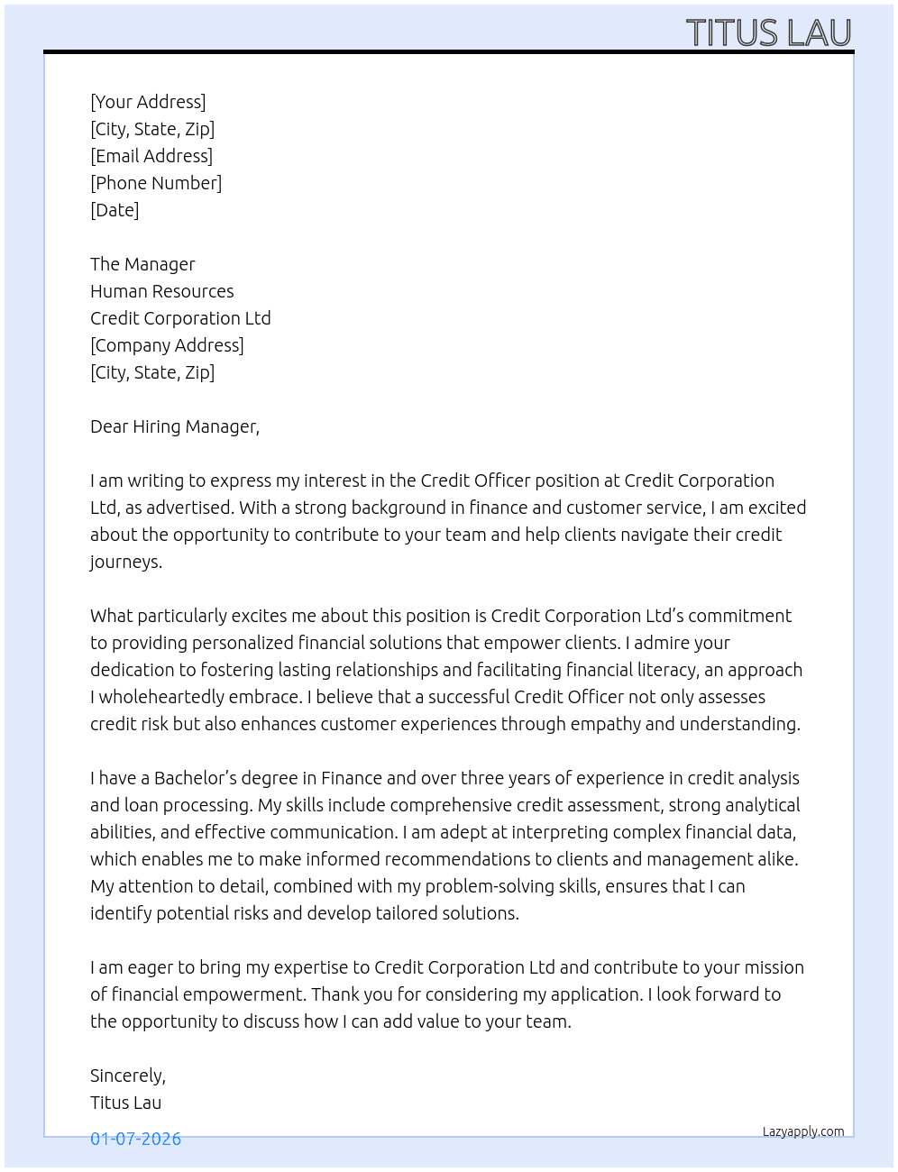Credit Officer At Credit Corporation Ltd Cover Letter