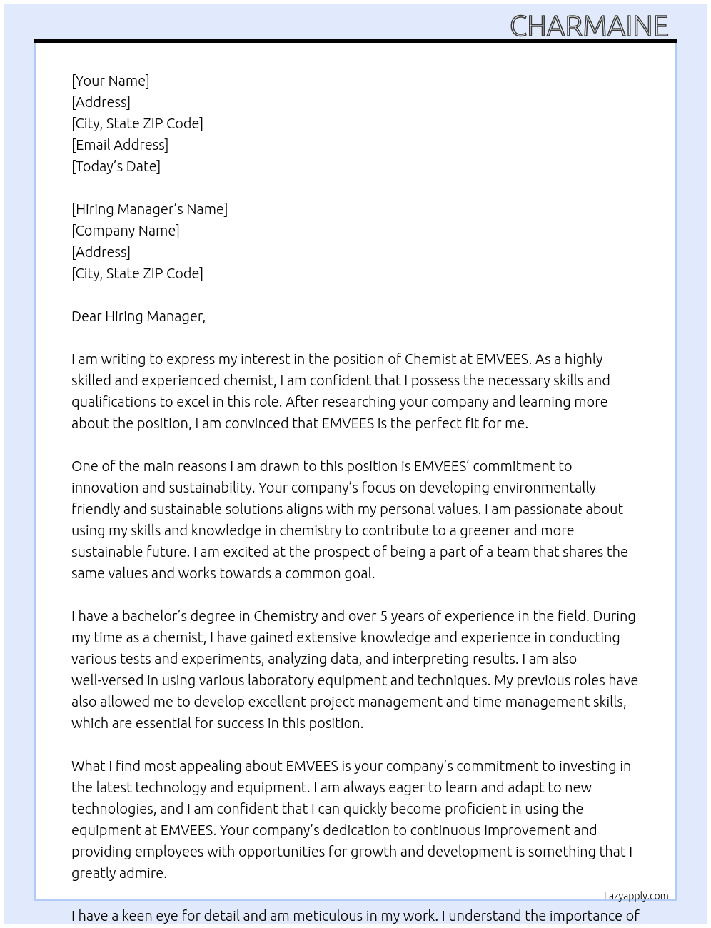Chemist At EMVEES Cover Letter