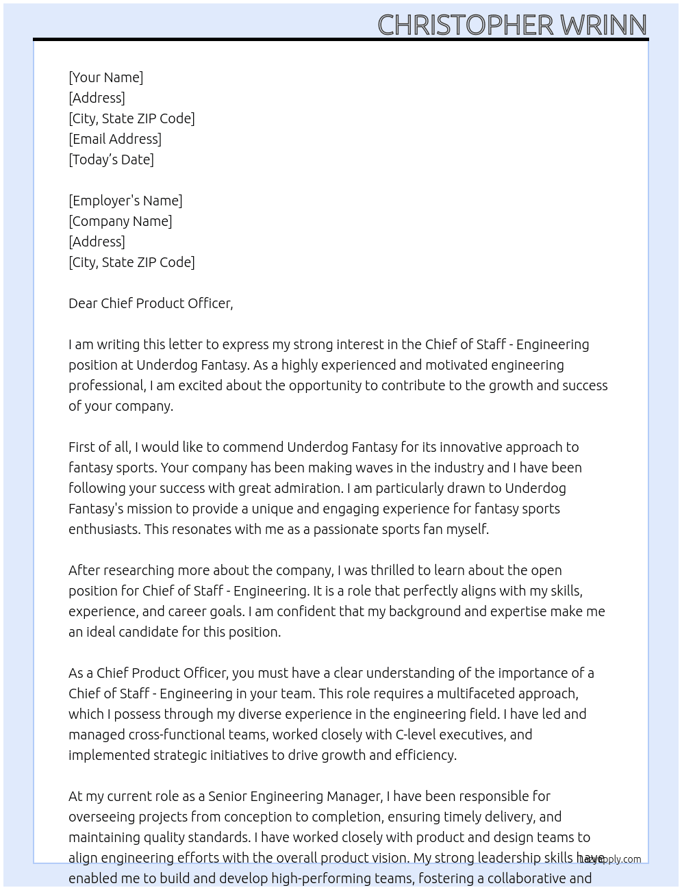 Cover letter for chief of staff - engineering - LazyApply