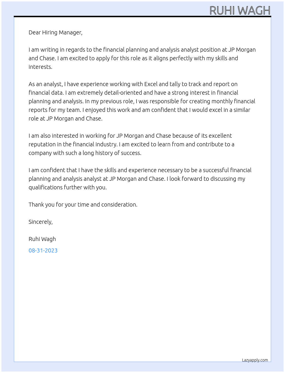 Financial planning and analysis analyst At JP Morgan and Chase Cover Letter