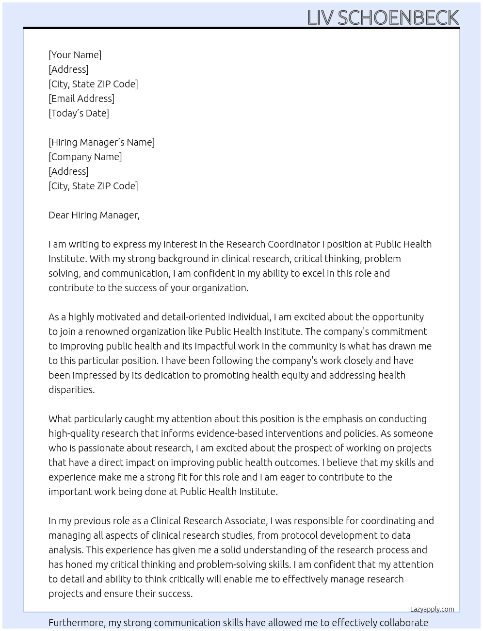 Research Coordinator I At Public Health Institute Cover Letter