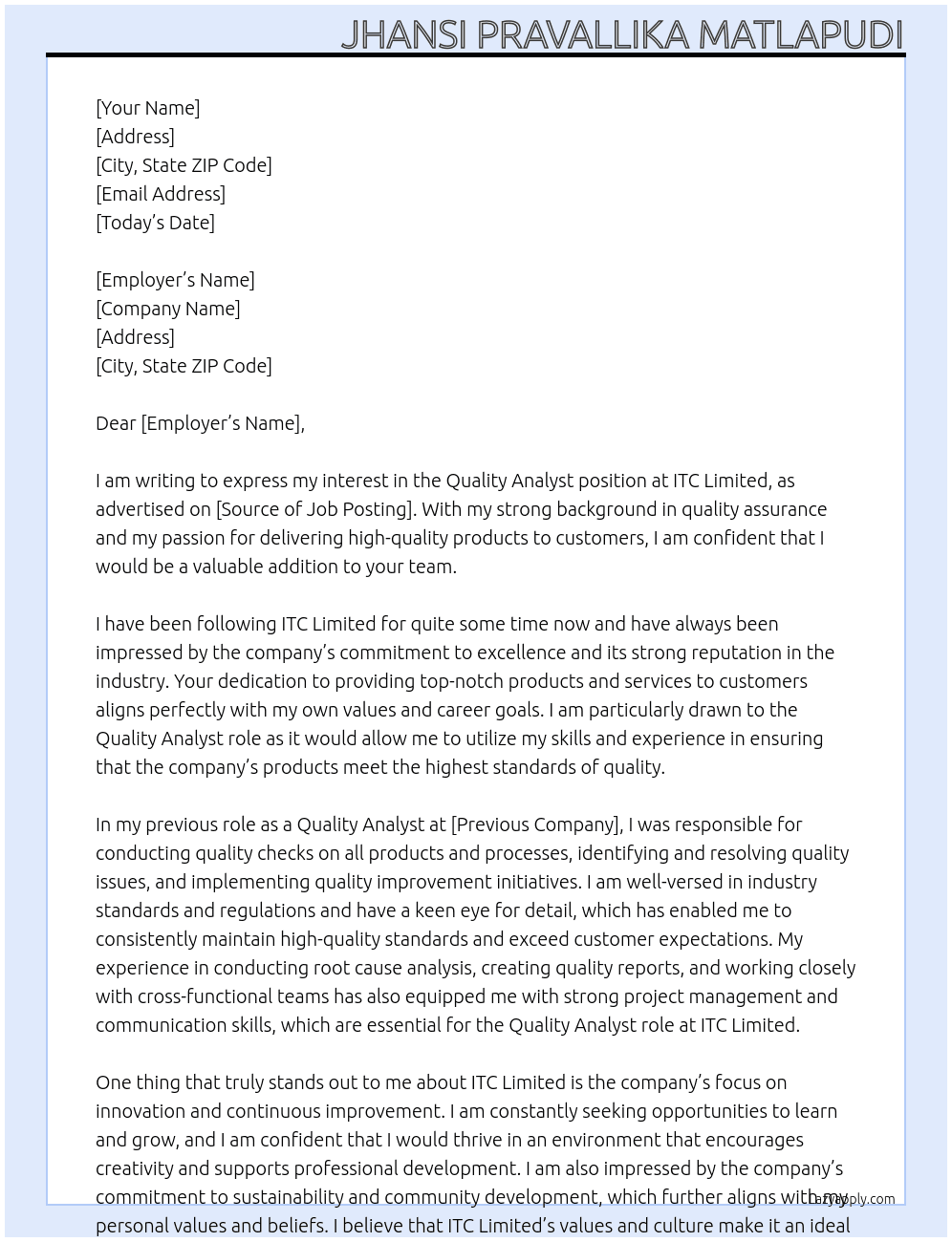 Quality Analyst At ITC Limited Cover Letter