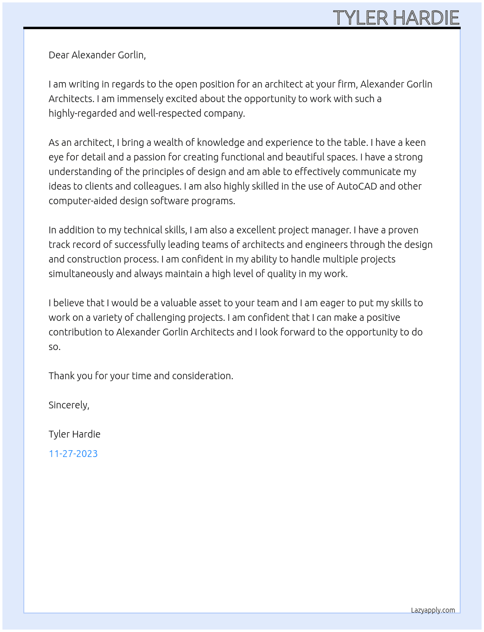 architect At alexander gorlin architects Cover Letter